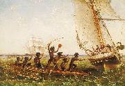 John Thomas Baines Aboriginal Canoes Communicating with the 'Monarch' and the 'Tom Tough', 28 August 1855 oil painting